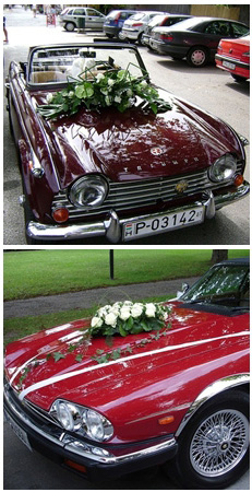 รถแต่งงานสีแดง ประดับดอกไม้