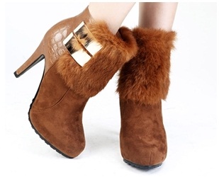 รองเท้าบูทหนังส้นสูงแฟชั่น Kvoll เกาหลี/สีน้ำตาล