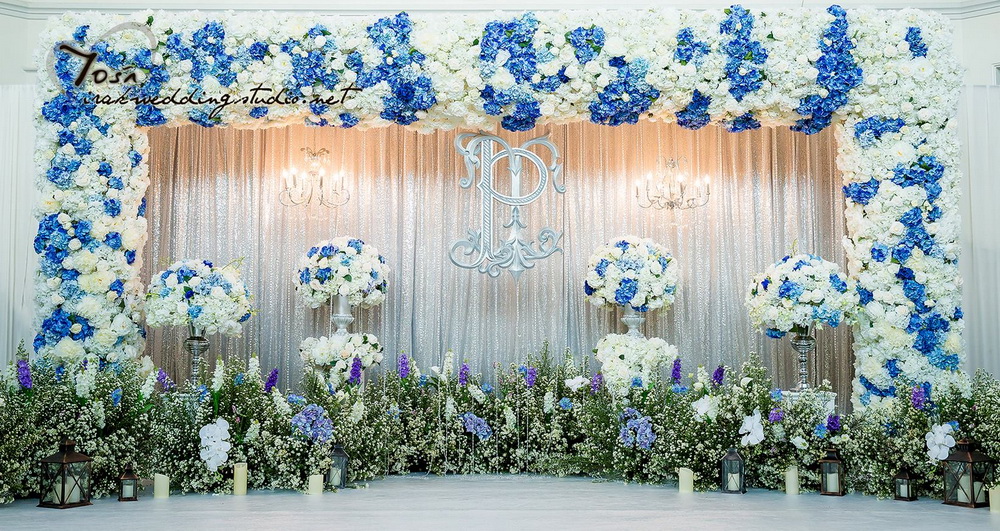 ธีมงานแต่งงานโทนสีฟ้า ขาว , จัดซุ้มดอกไม้ตกแต่งสถานที่แต่งงาน , ช่างภาพถ่ายรูปแต่งงานวันจริง